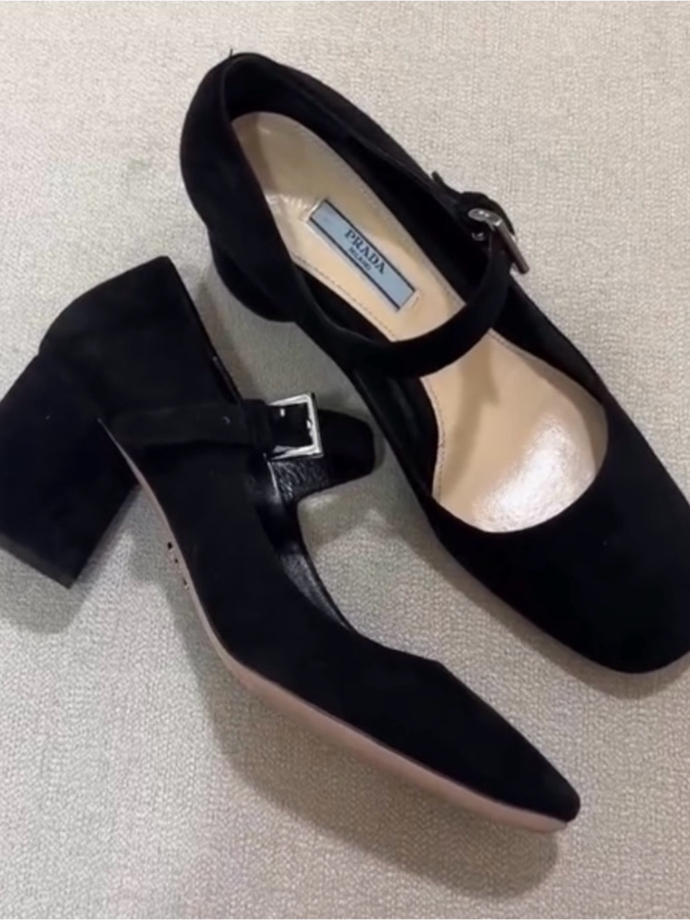 Prada Black Suede Mary Jane Block Heels